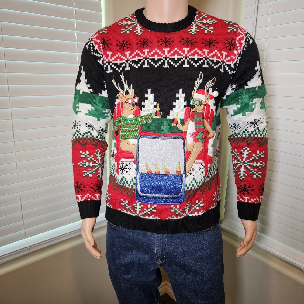 33Degrees Mens Large Ugly Christmas Sweater Reindeer Beer Cooler Pocket Holiday